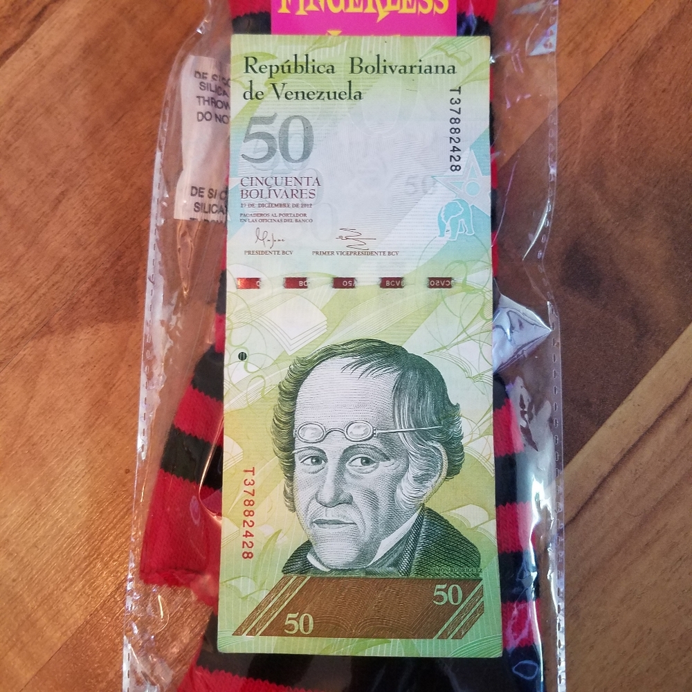 50 Venezuela bolivar Foreign currency note Red Striped Fingerless Gloves Texting